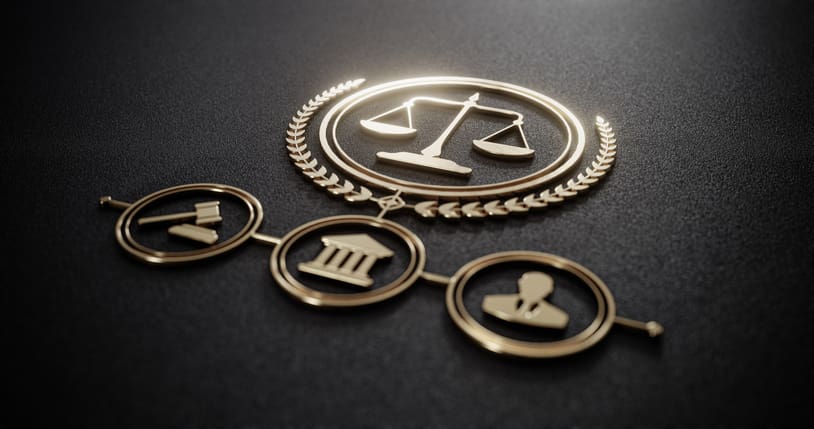 Legal Justice Symbol With Scales Of Justice, Courthouse, Gavel, And Judge Icons